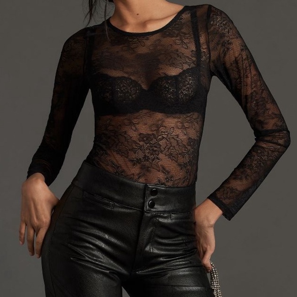 NWT By Anthropologie Harlowe Lace Bodysuit in Black Size Small